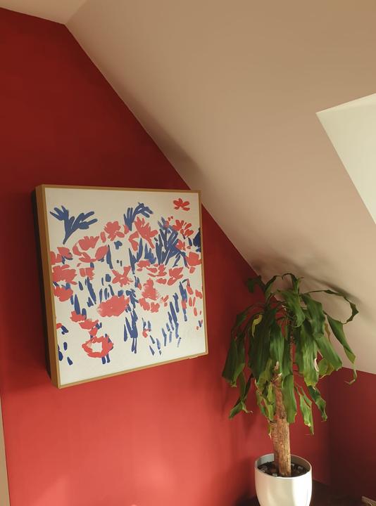 LG Artcool Gallery mit Blumenbild an roter Wand